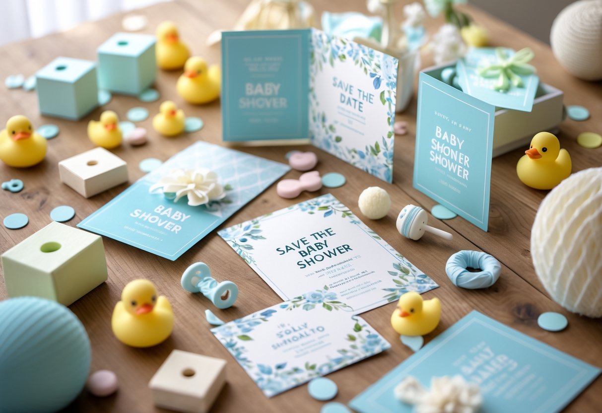 A table with baby shower decorations and save the date cards surrounded by baby-themed items like pacifiers and small toys.
