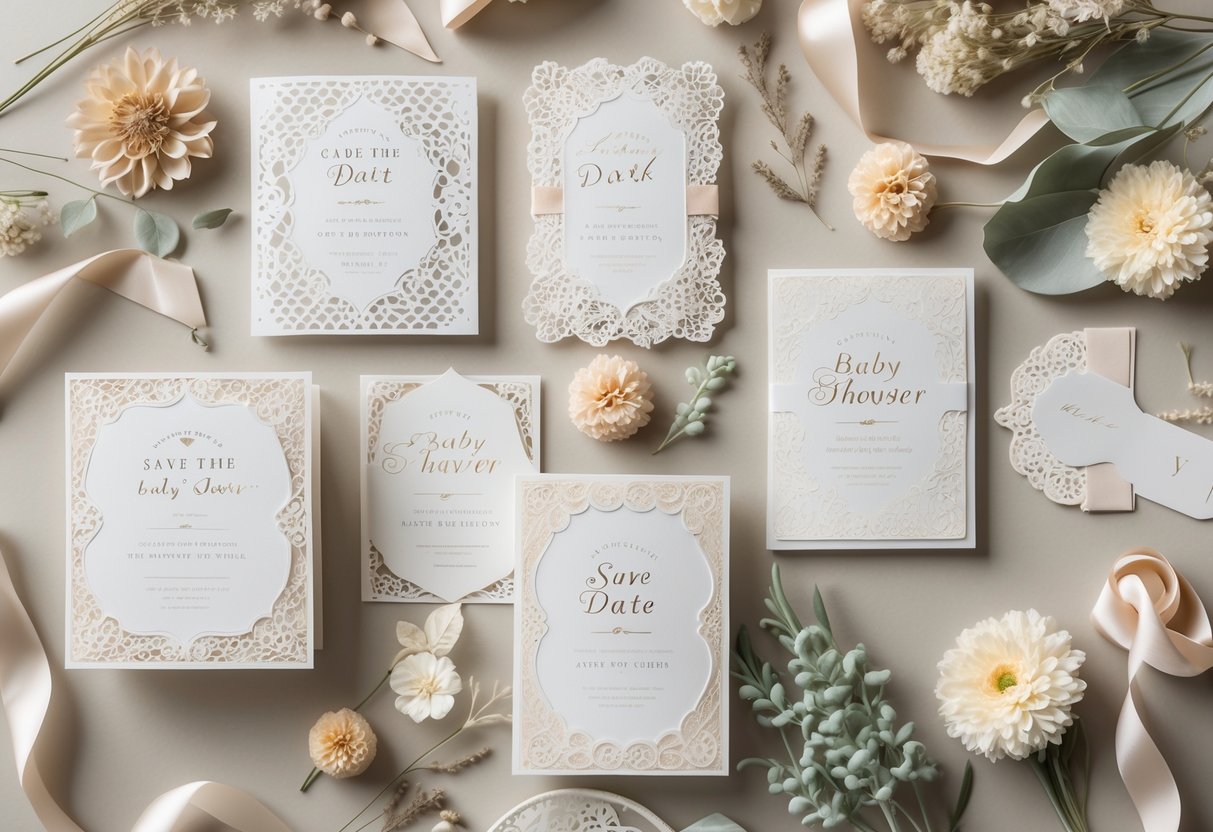 A collection of vintage lace patterned cards arranged with dried flowers and ribbons on a soft surface.