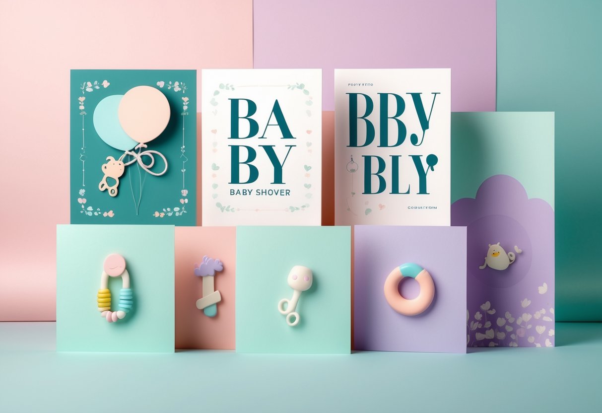 A collection of baby shower cards arranged on a pastel-colored surface with baby-themed illustrations.
