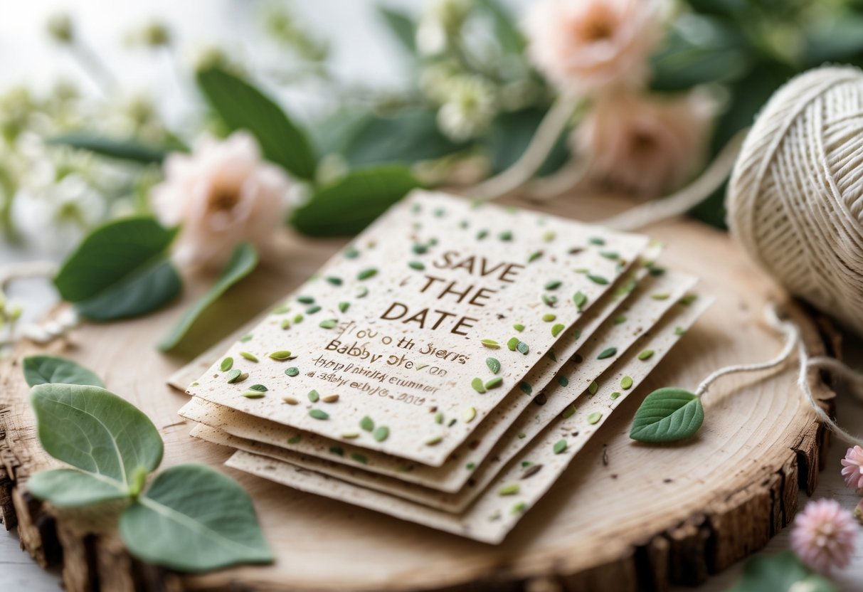 Close-up of eco-friendly seed paper cards for a baby shower arranged on a wooden surface with flowers and leaves around them.