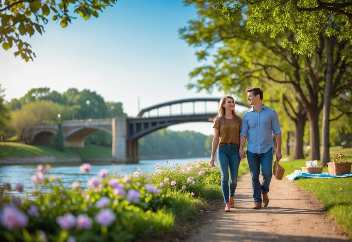 A couple walking hand-in-hand along a riverfront park with a historic bridge in the background, surrounded by trees and flowers.