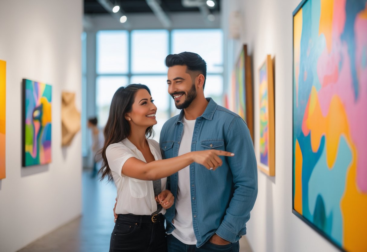 A couple looking at paintings together inside an art gallery.