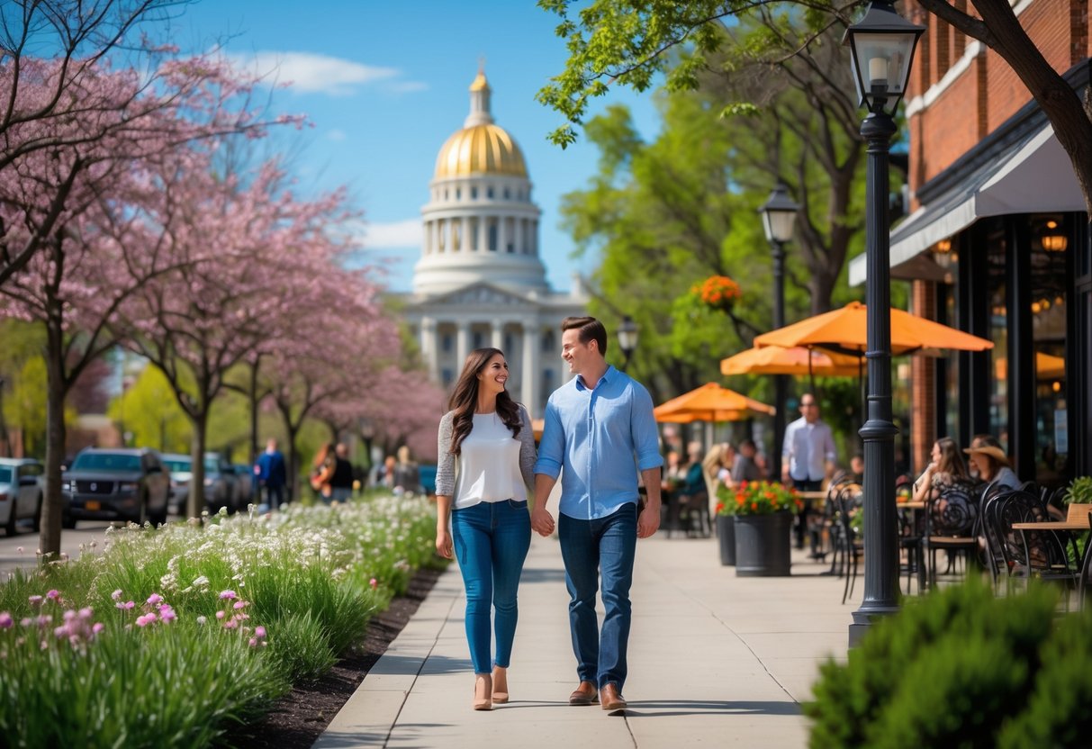 A couple walking hand-in-hand outdoors near the Illinois State Capitol building in Springfield, Illinois, surrounded by trees and flowers on a sunny day.