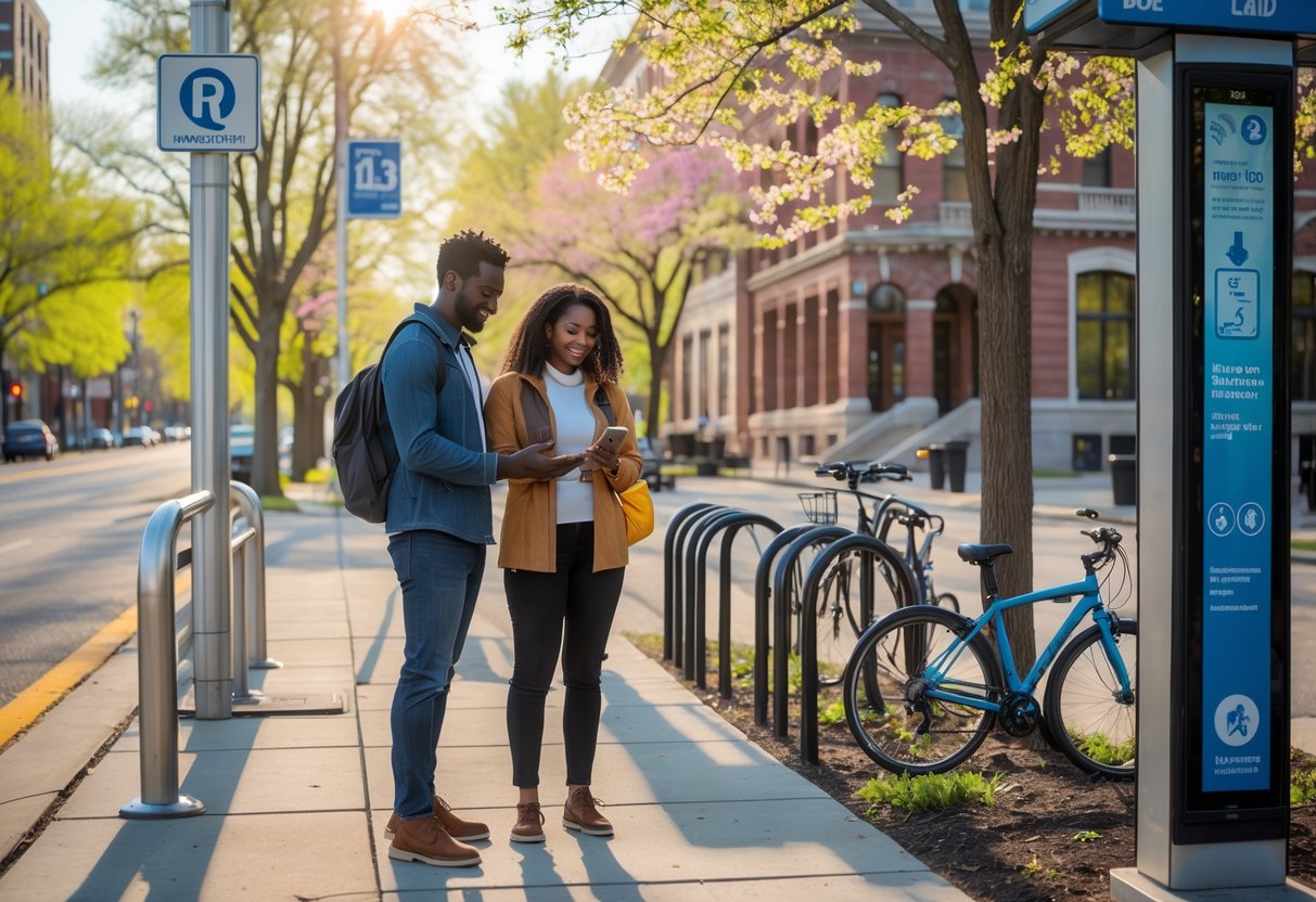 A young couple standing at a bus stop in a city street with spring trees and flowers, looking at a smartphone map together.
