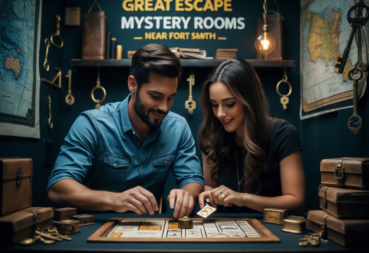 A couple working together on puzzles inside a themed escape room filled with mysterious objects and decorations.