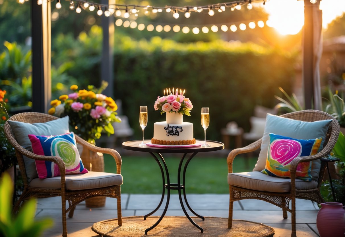 A cozy outdoor patio with a birthday table set for two, decorated with a cake, flowers, and fairy lights during sunset.