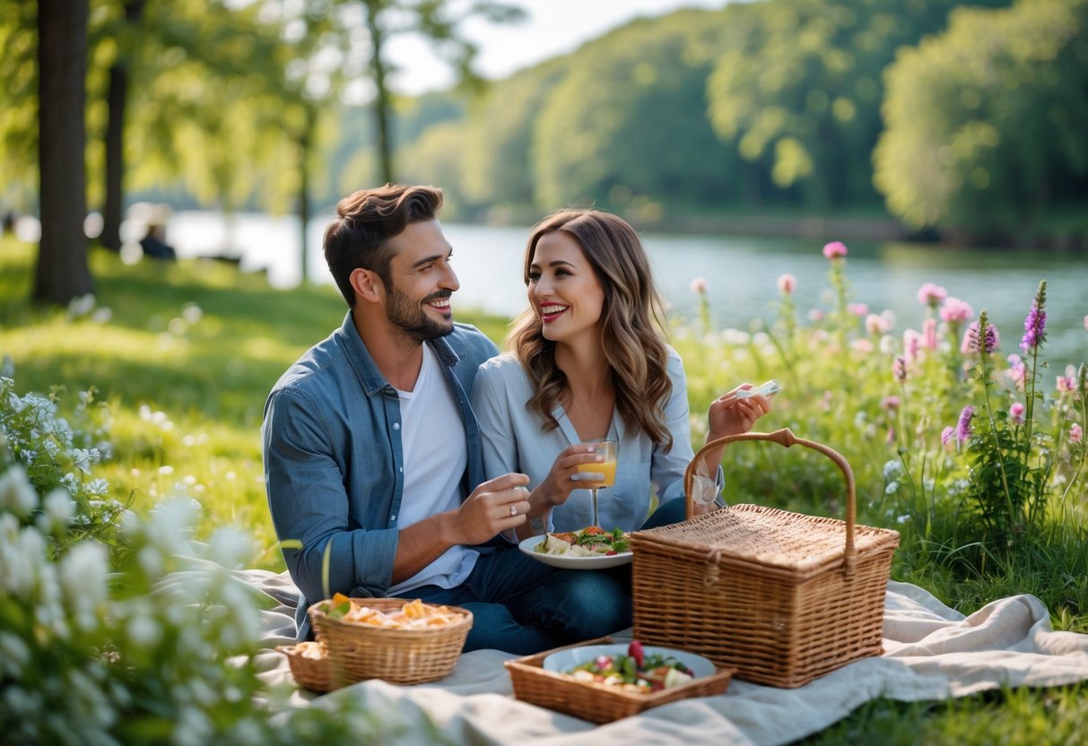 A couple sitting on a picnic blanket by a river in a park, sharing food and smiling at each other.