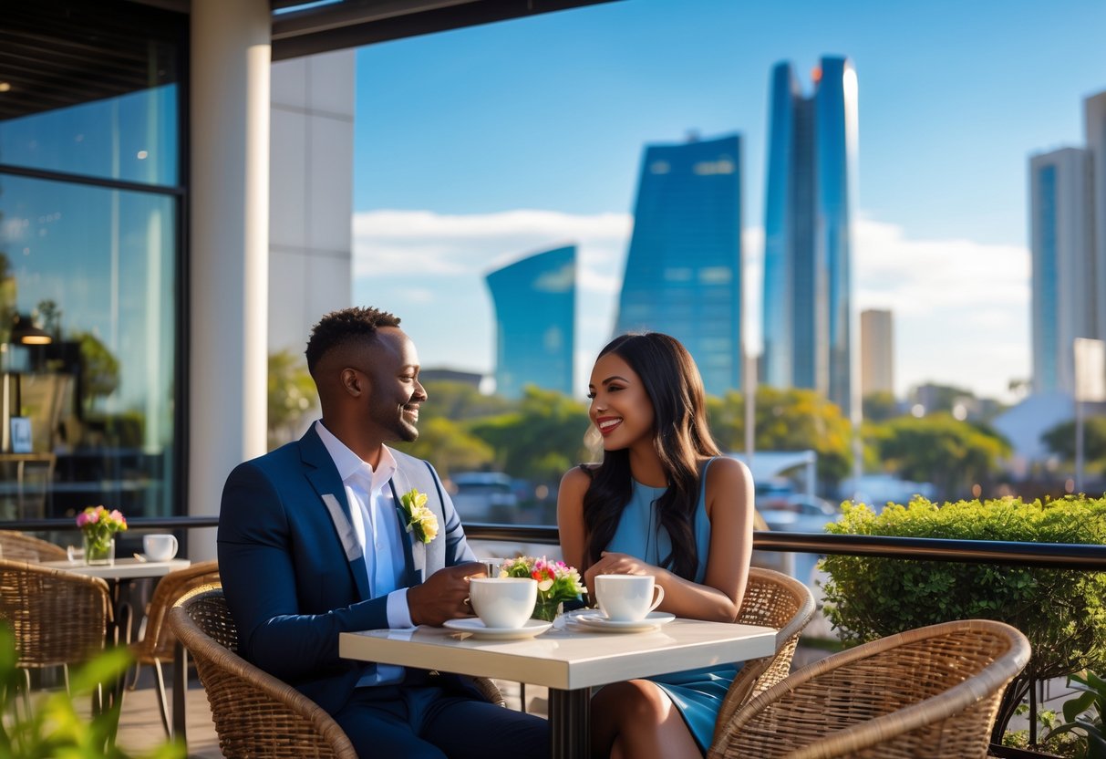 A couple enjoying a date at an outdoor café with modern city buildings and greenery in the background.