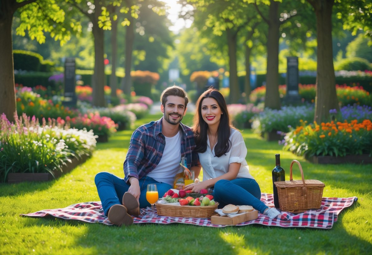 A young couple enjoying a picnic on a blanket in a green garden with flowers and trees around them.