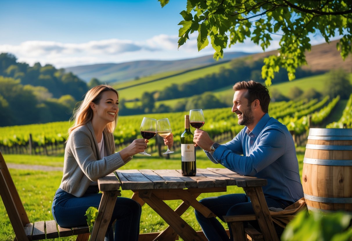 A couple enjoying wine tasting outdoors in a vineyard with rolling hills in the background.
