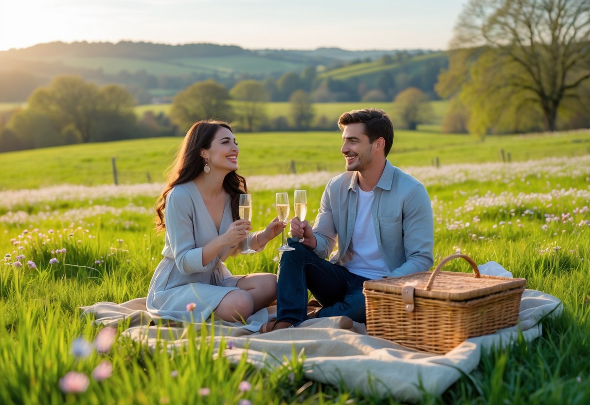 A young couple enjoying a picnic together on a grassy meadow surrounded by wildflowers and rolling hills.