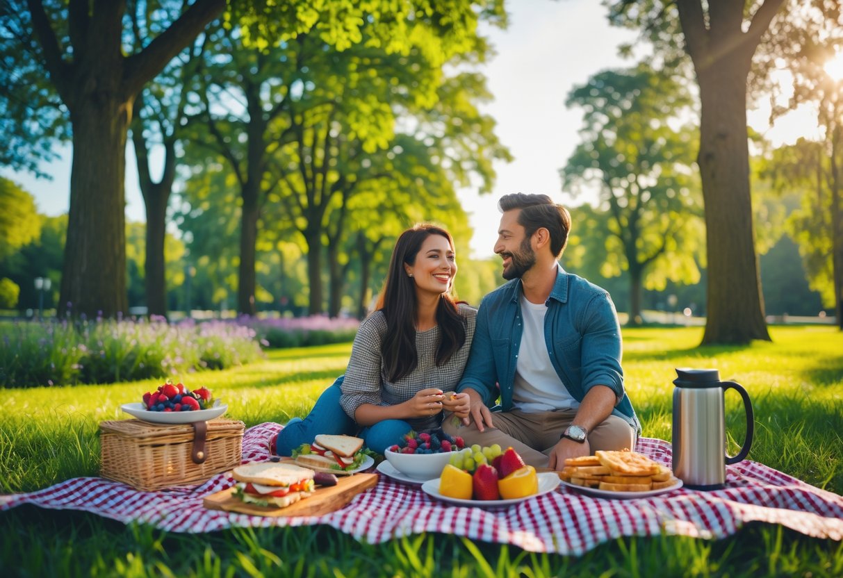 A couple having a picnic at a park with homemade snacks on a blanket surrounded by trees and grass.