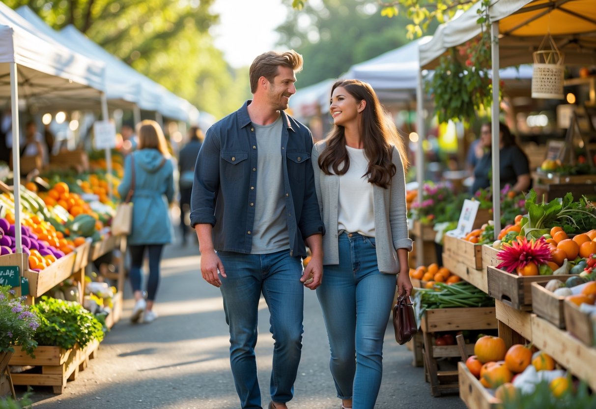 A young couple walking hand in hand through a busy farmers' market with colorful fresh produce and other shoppers around them.