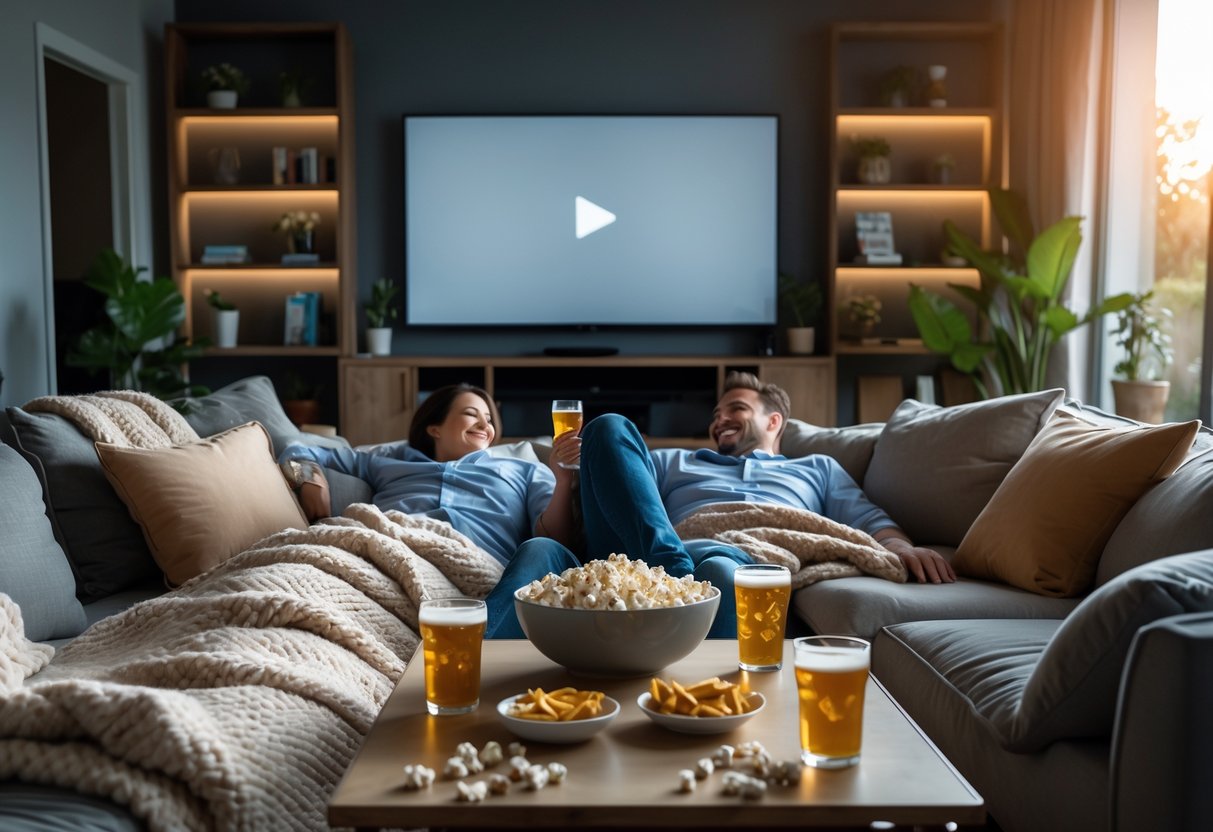 A couple relaxing on a sofa with blankets, snacks, and a TV in a cozy living room during a lazy afternoon.