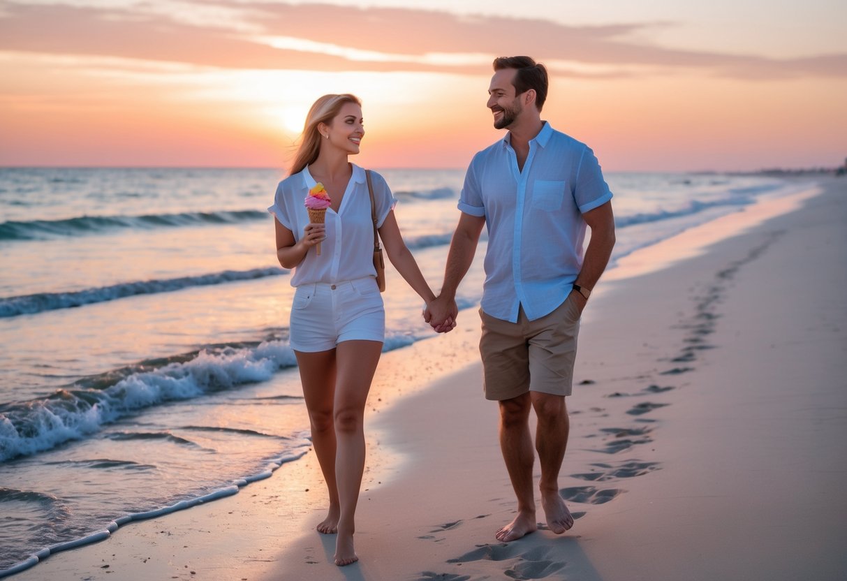 A couple walking hand in hand on a sandy beach at sunset, each holding an ice cream cone.