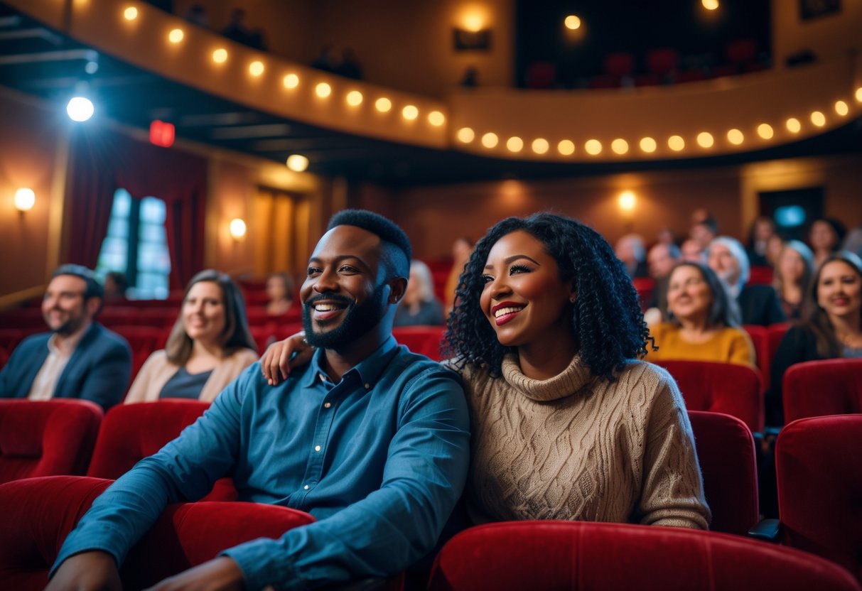 A couple enjoying a live theater performance at Spartanburg Little Theatre, seated among other audience members in a cozy theater.