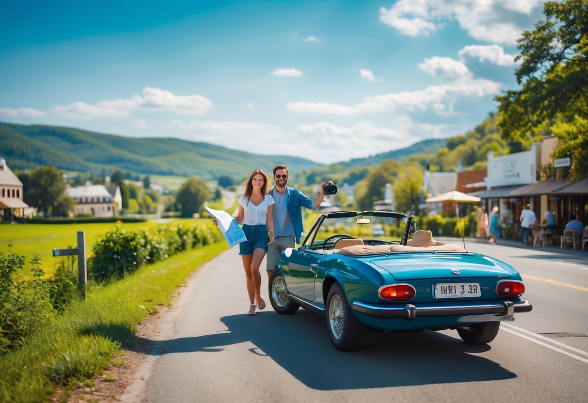 A couple stepping out of a car on a country road near a small town on a sunny day, ready to explore.