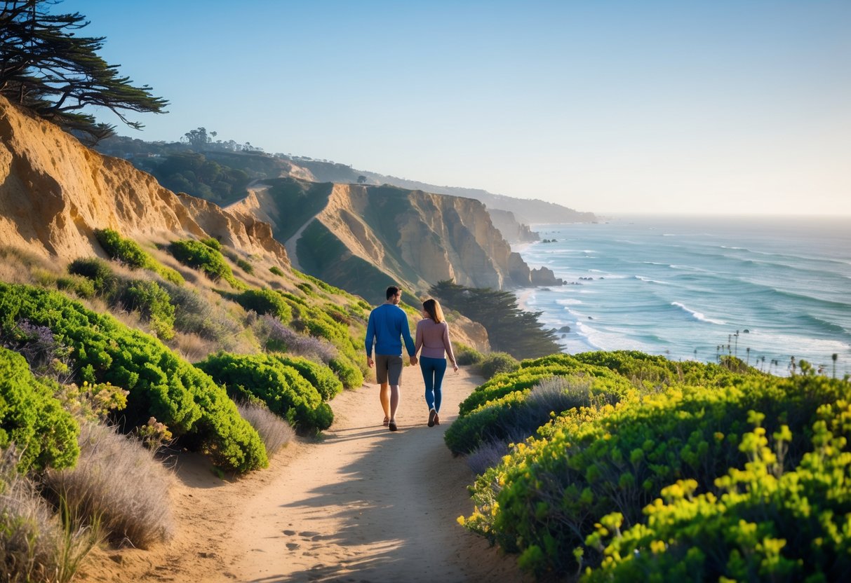 A couple hiking hand-in-hand along a coastal trail with cliffs, greenery, and the ocean in the background.