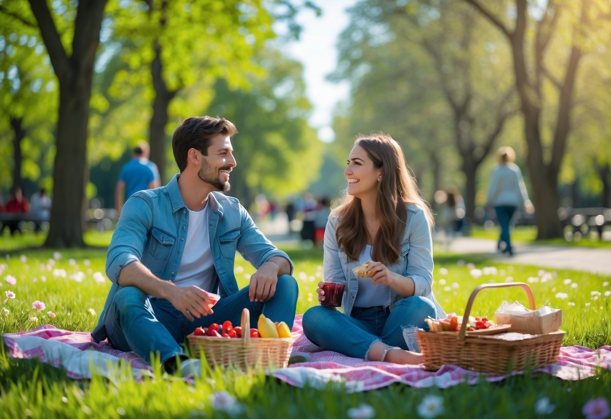 A young couple sitting on a picnic blanket in a park, enjoying a sunny Sunday together with a picnic basket nearby.