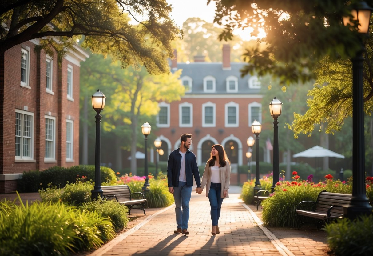 A young couple walking hand in hand along a pathway near historic buildings surrounded by greenery and flowers.