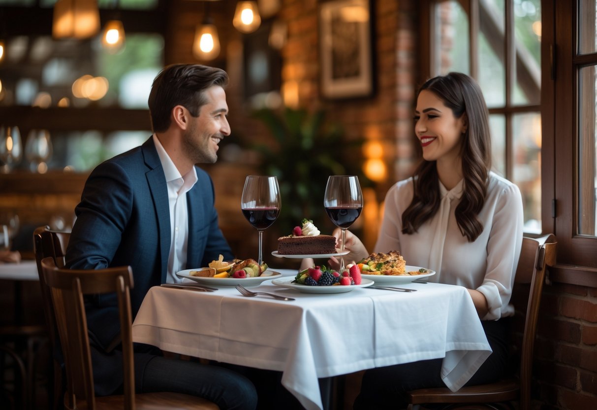 A couple enjoying a romantic dinner and dessert at a cozy restaurant table with warm lighting.