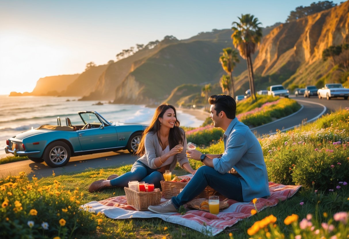 A young couple sitting on a picnic blanket near the Southern California coast at sunset, with ocean cliffs and palm trees in the background.