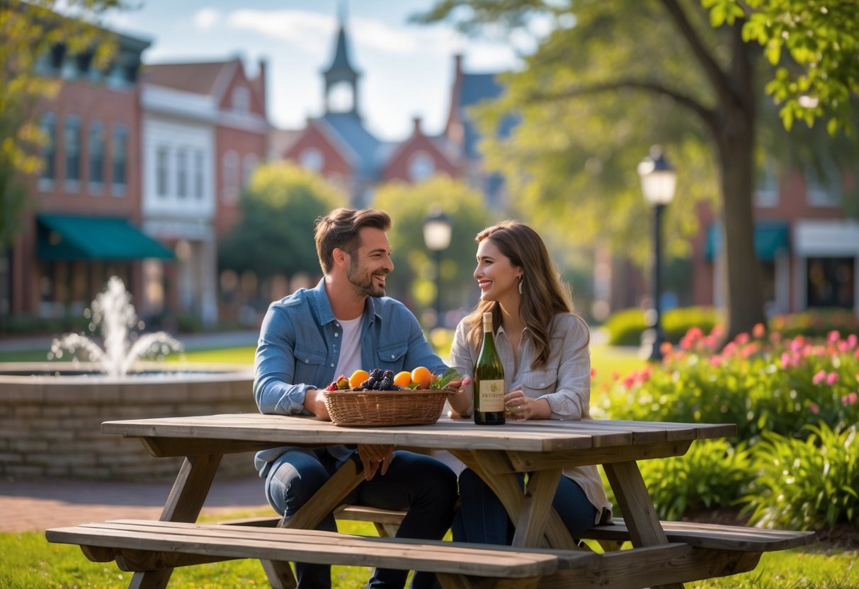 A young couple sitting at a picnic table in a park with greenery and flowers, enjoying a sunny day together.