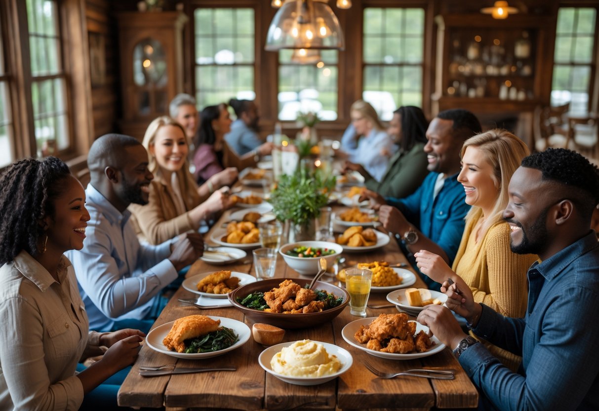 People enjoying a casual lunch together at a rustic wooden table with Southern dishes in a cozy dining room.