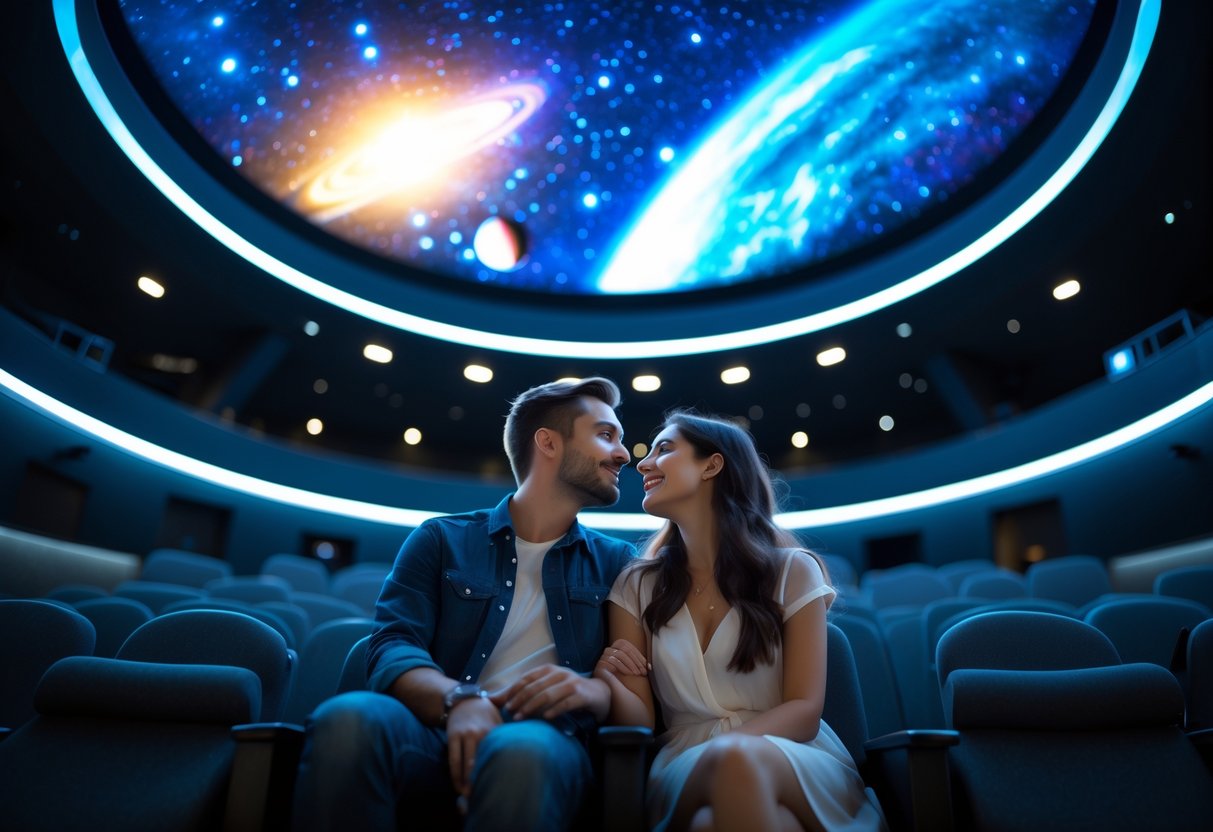 A young couple sitting together inside a planetarium, looking up at a bright star-filled dome ceiling.