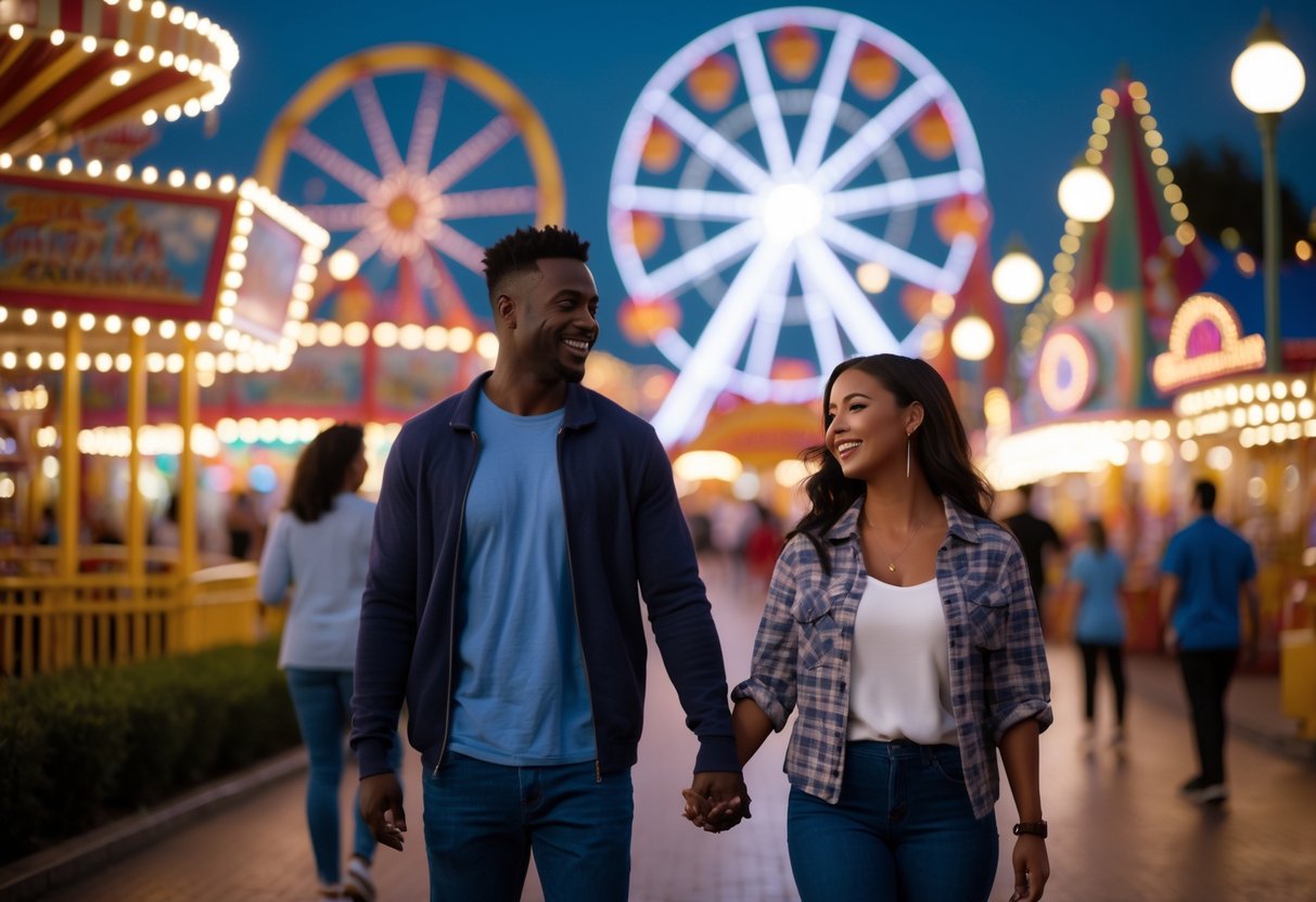 A smiling couple holding hands and walking through a brightly lit amusement park with rides and lights at dusk.