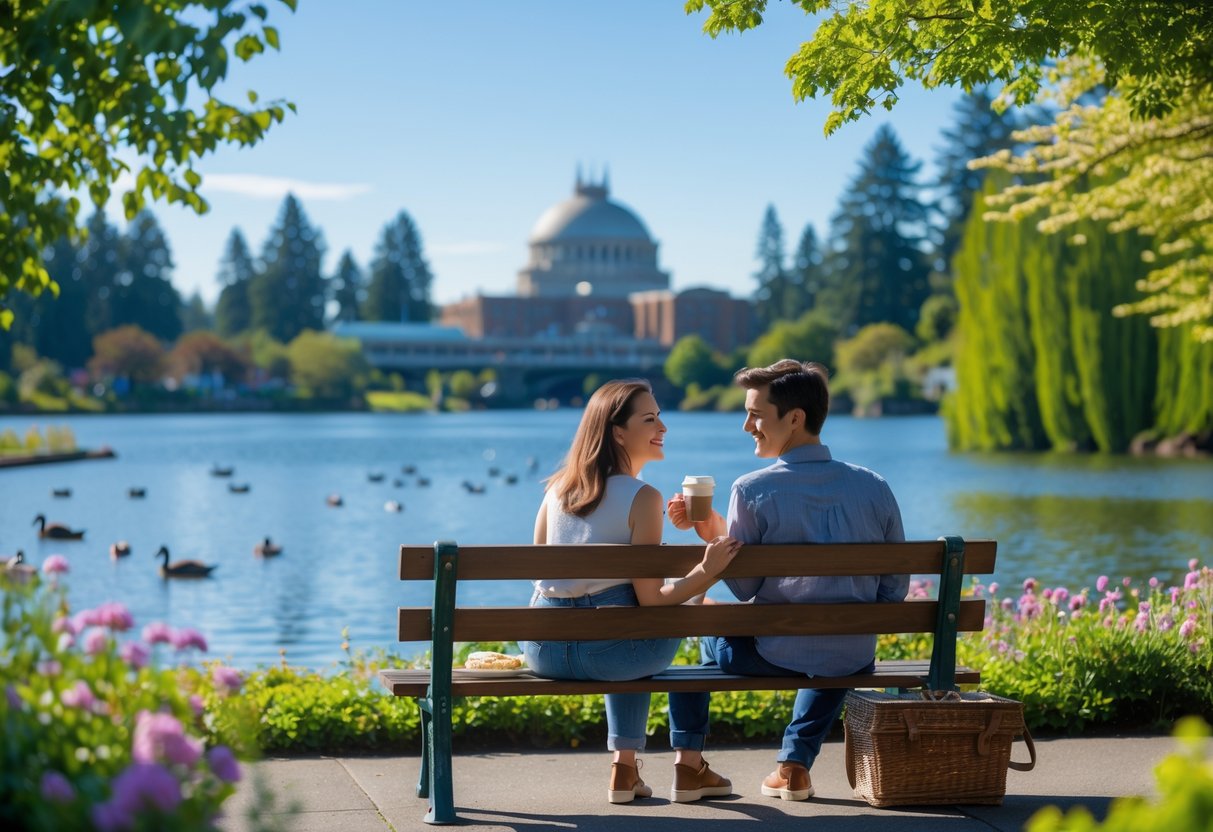 A young couple sitting on a bench in a park near a lake with the Tacoma Dome visible in the background, enjoying a sunny day together.