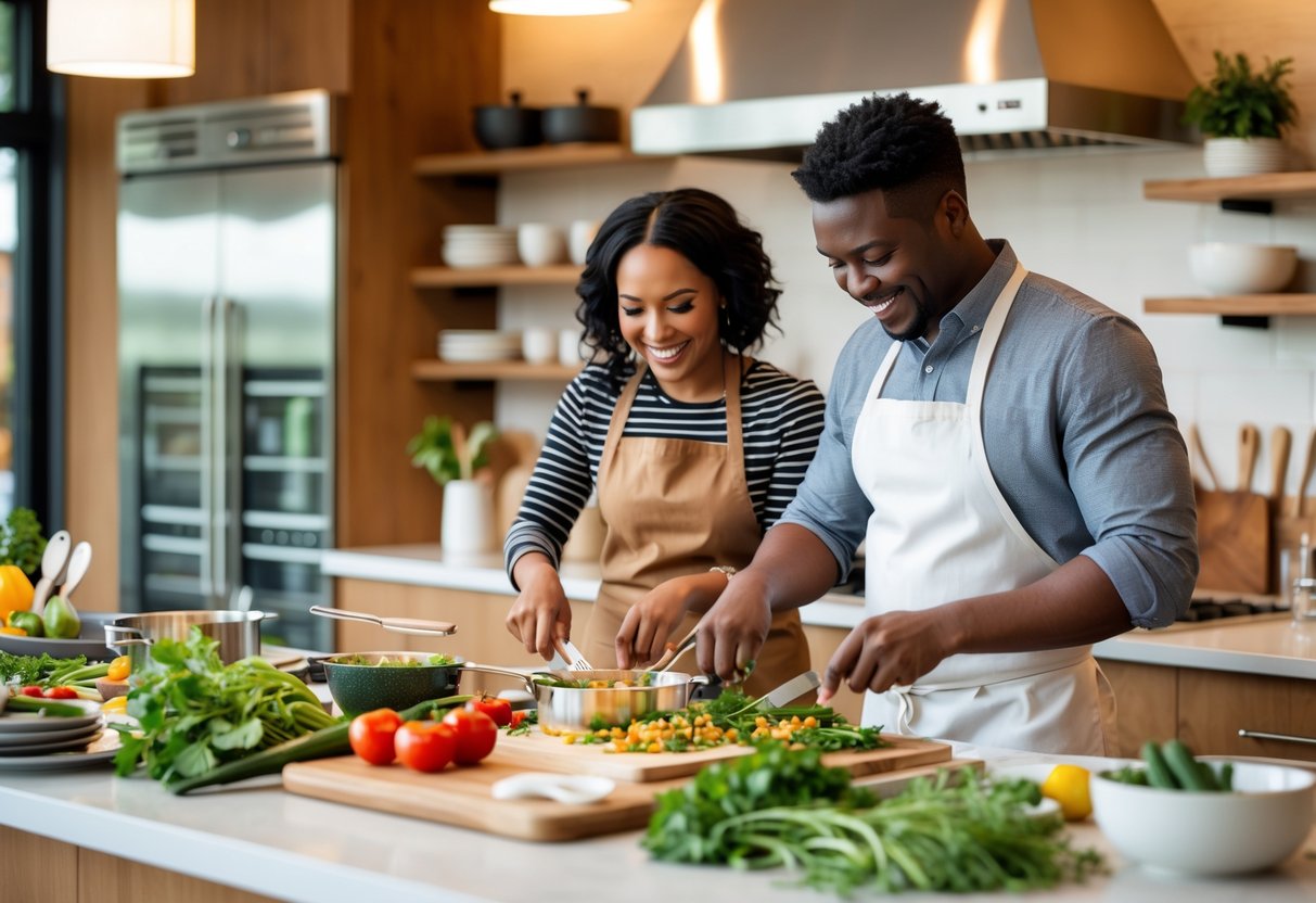 A couple cooking together in a kitchen, smiling and preparing food with fresh ingredients on the counter.