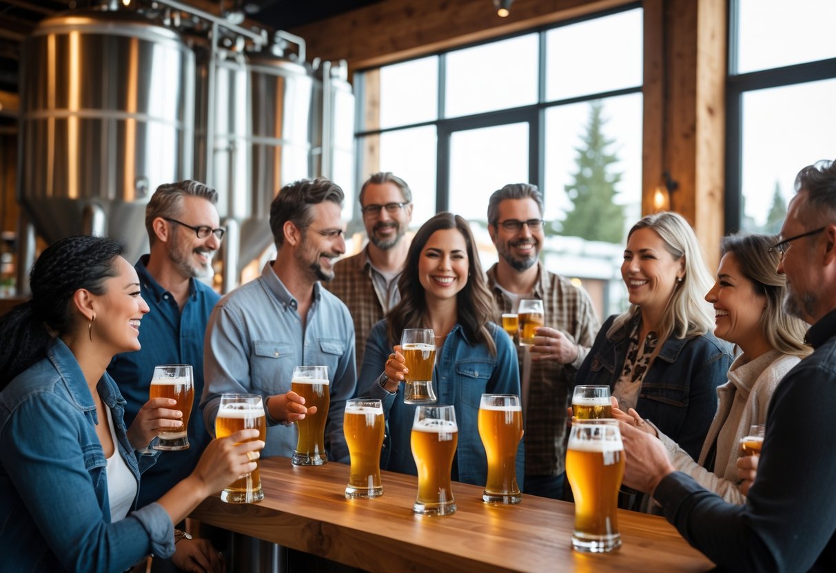 A group of adults enjoying a brewery tour inside a bright brewery with brewing tanks and wooden barrels.