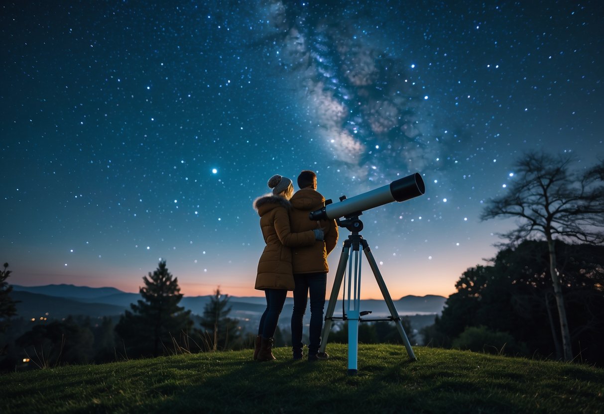 A couple stargazing with a telescope under a clear starry night sky outdoors.