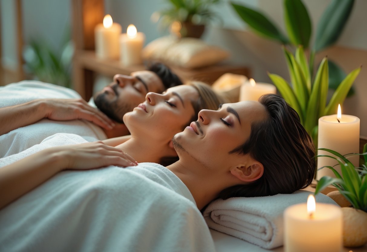 A couple lying side by side receiving massages in a peaceful spa room.