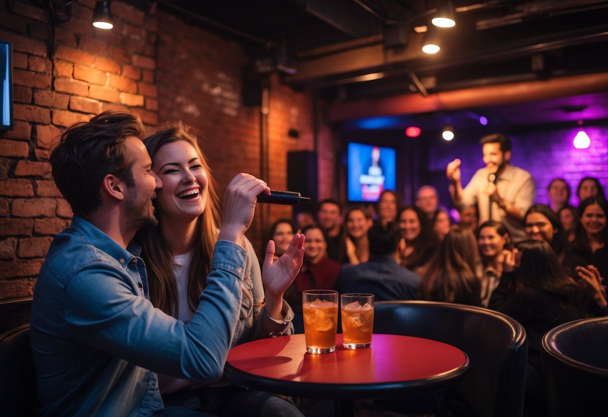 A young couple laughing and enjoying a live comedy show in a cozy underground club with a comedian performing on stage and an engaged audience.