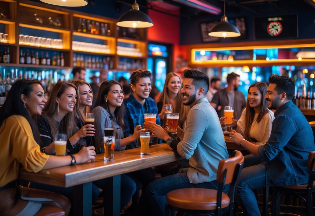 A group of young adults having fun playing darts and pool while enjoying drinks at a lively bar.