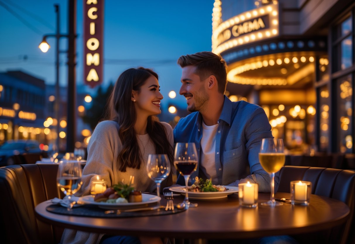 A young couple enjoying dinner at a restaurant with a movie theater marquee visible in the background during the evening.