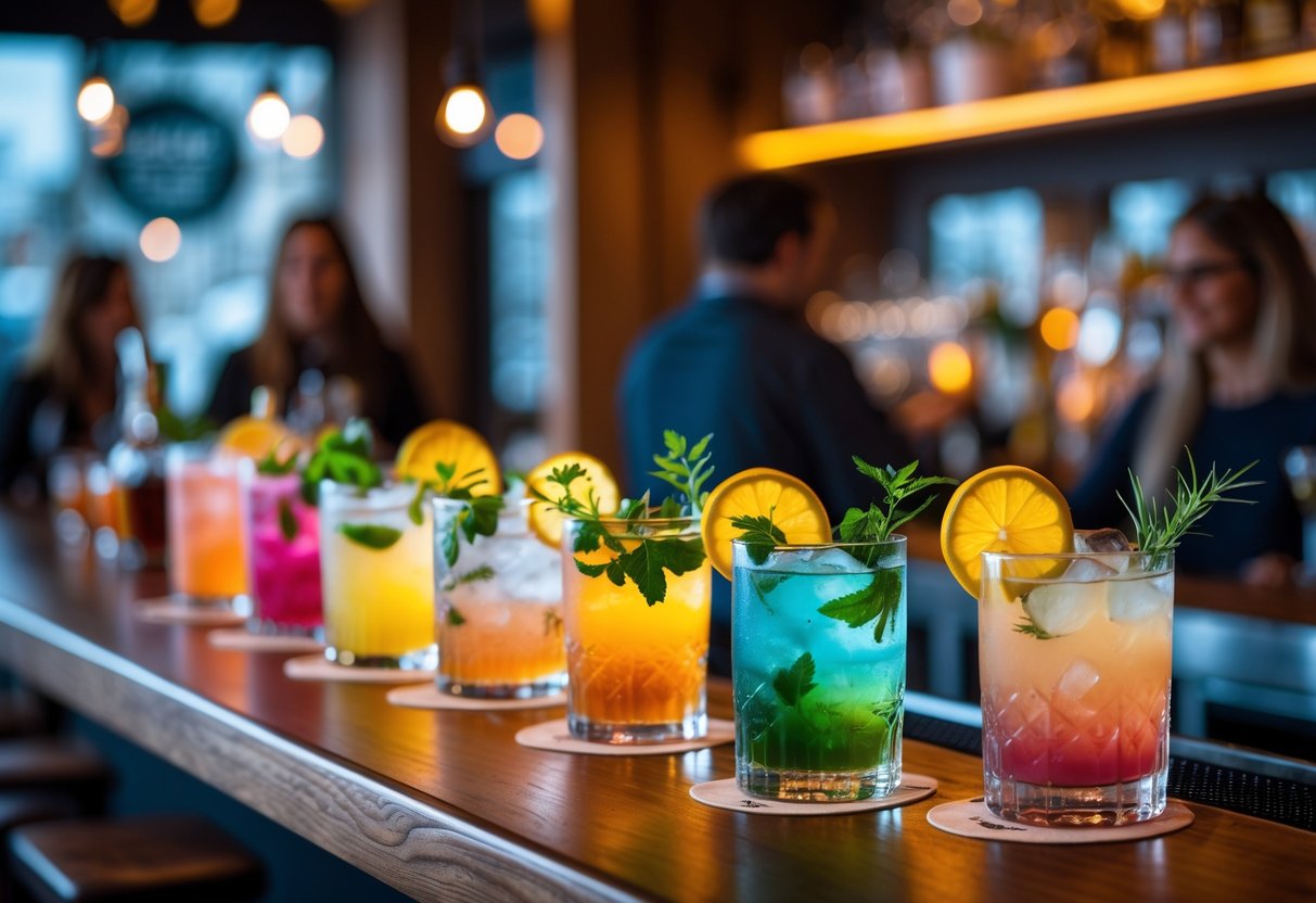 A cozy bar scene with colorful craft cocktails on the counter and people enjoying drinks in the background.