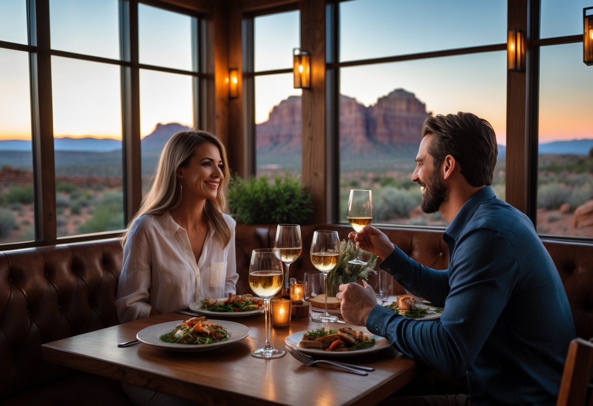 A couple enjoying a romantic dinner at a cozy restaurant with a view of red rock formations outside the window at sunset.
