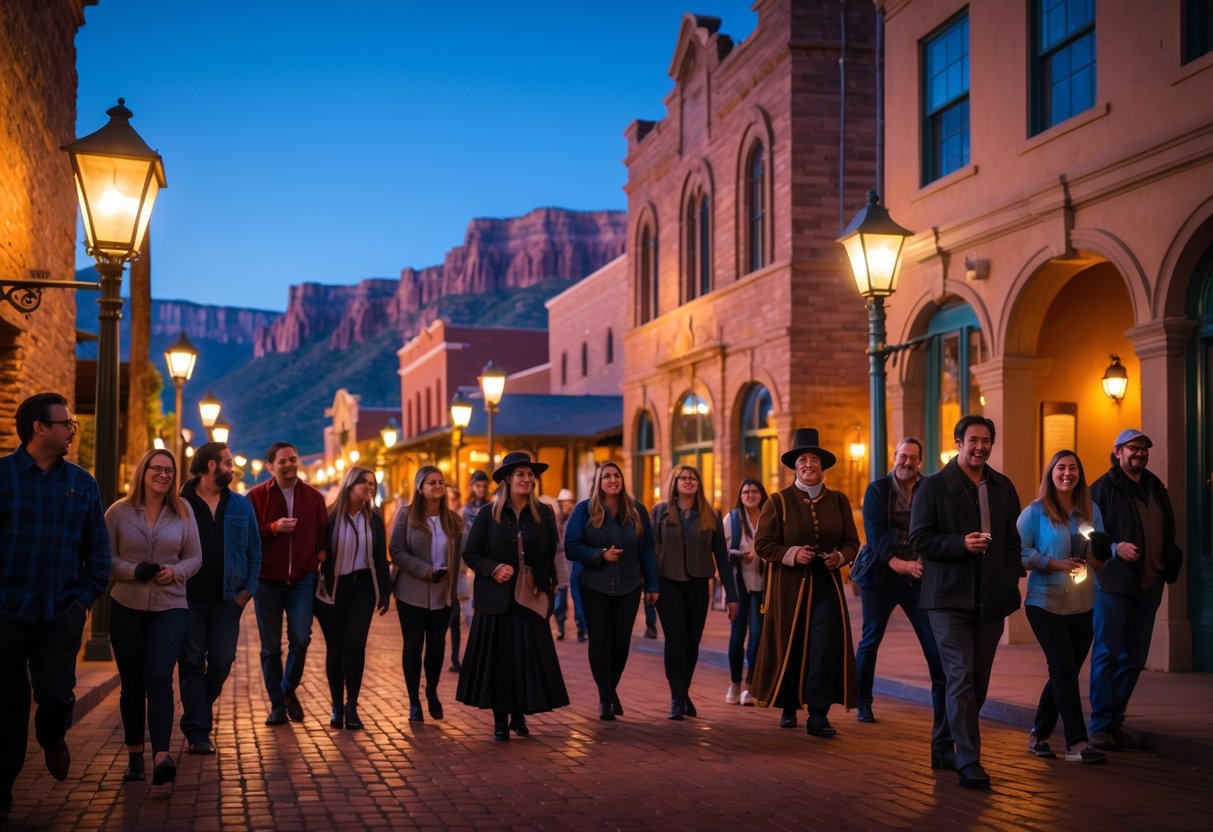 A group of people on a ghost tour walking along historic streets in downtown St. George, Utah at twilight.