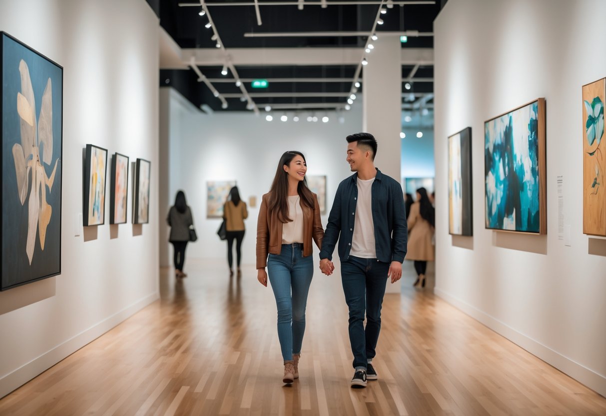 A young couple walking hand in hand inside an art gallery, looking at various artworks on the walls.