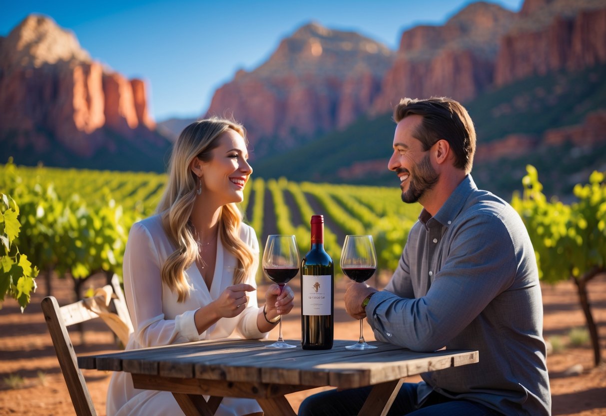 A couple enjoying wine tasting outdoors at a vineyard with red rock cliffs in the background.