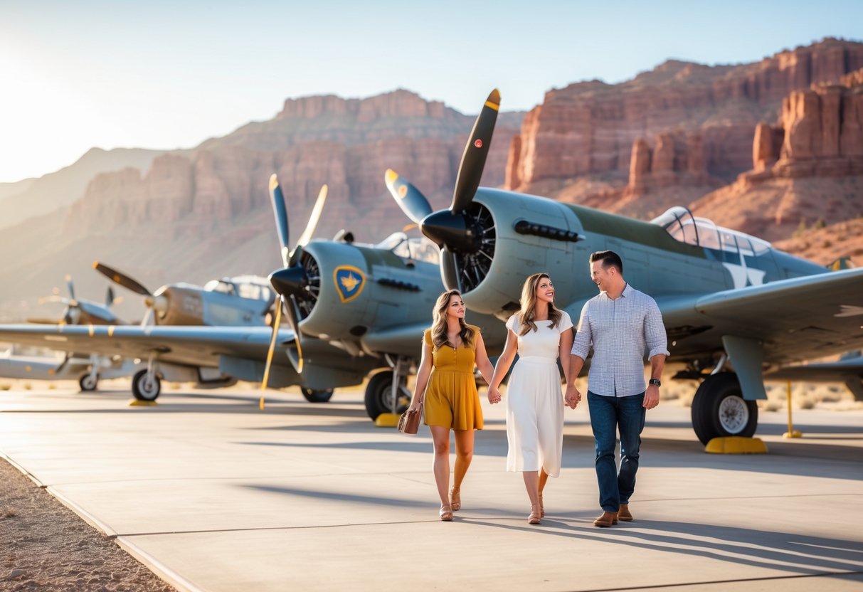 A couple walking hand-in-hand outdoors at an aviation museum with vintage military planes and red rock formations in the background.