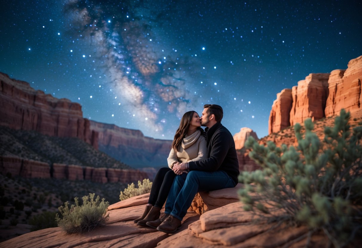 A couple sitting on red rocks at Snow Canyon Overlook at night, looking up at a star-filled sky with desert plants around them.