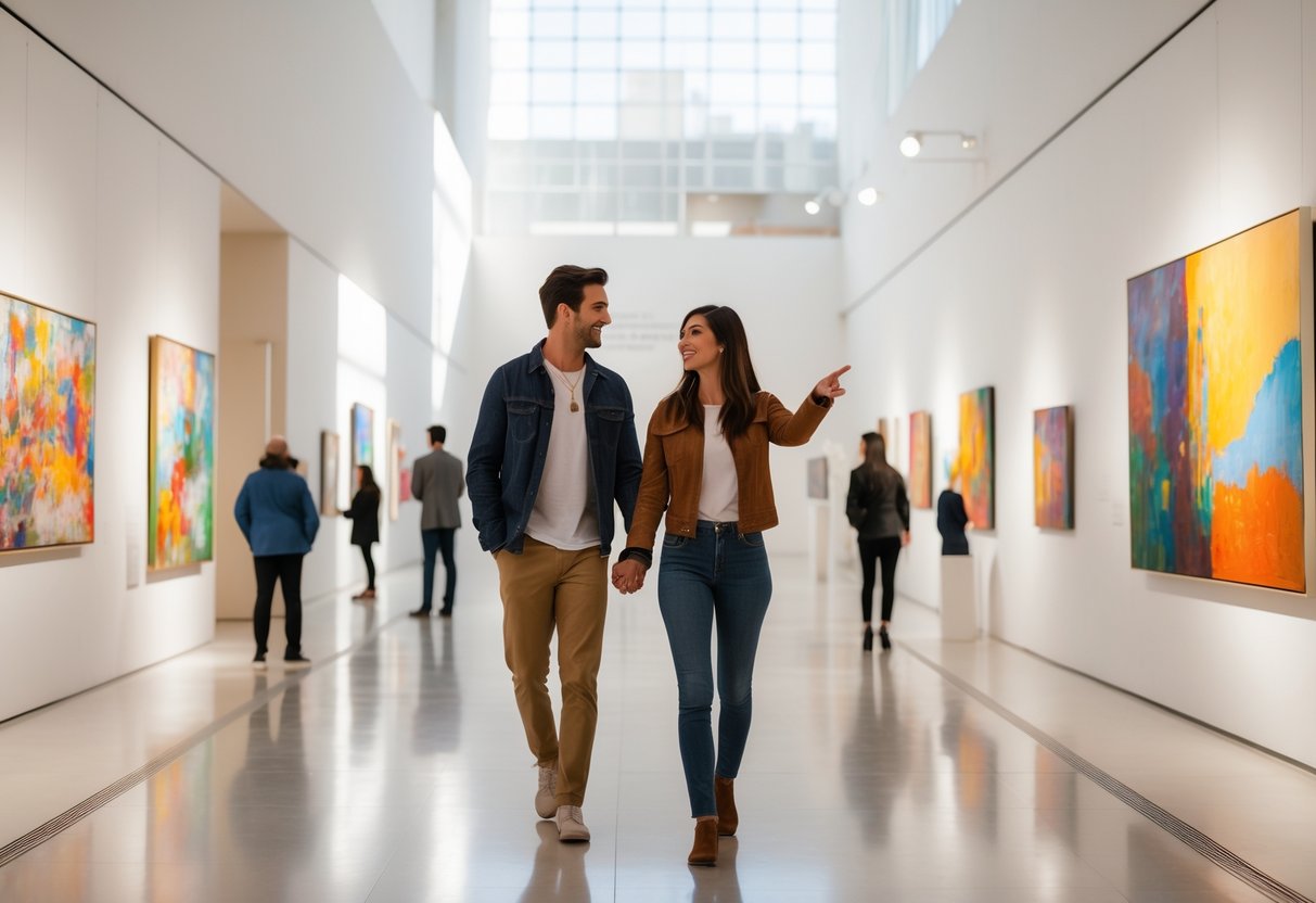 A young couple walking hand-in-hand inside an art museum gallery, looking at paintings on the walls.