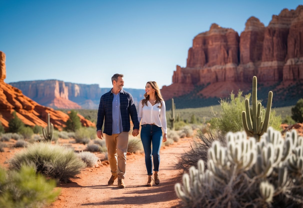 A couple walking hand-in-hand along a scenic trail with red rock formations and desert plants in the background.