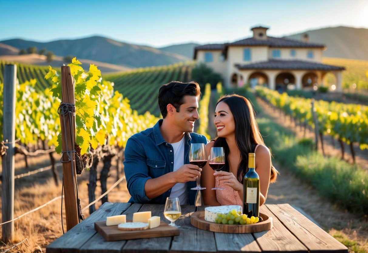 A young couple enjoying wine tasting at a vineyard with grapevines and hills in the background.