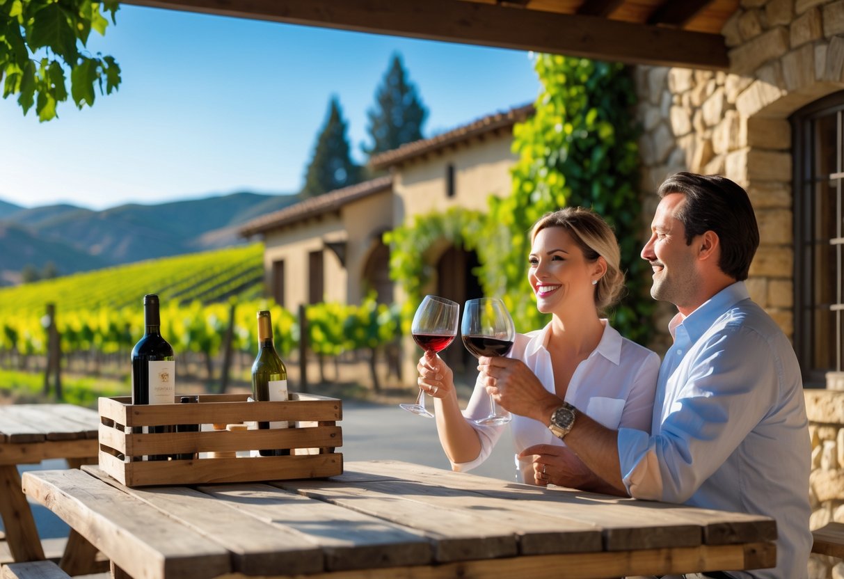 A couple tasting wine outdoors at a vineyard with rolling hills and a stone building in the background.