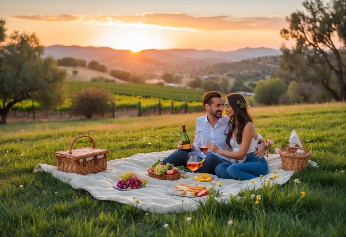A couple enjoying a sunset picnic on a blanket in a grassy park with rolling hills and vineyards in the background.